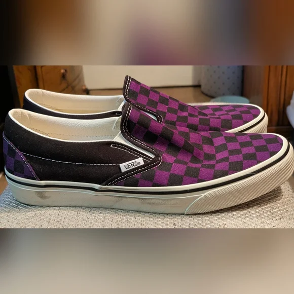 Vans Purple and Black Checkered Slip-On Shoes - Picture 2 of 6
